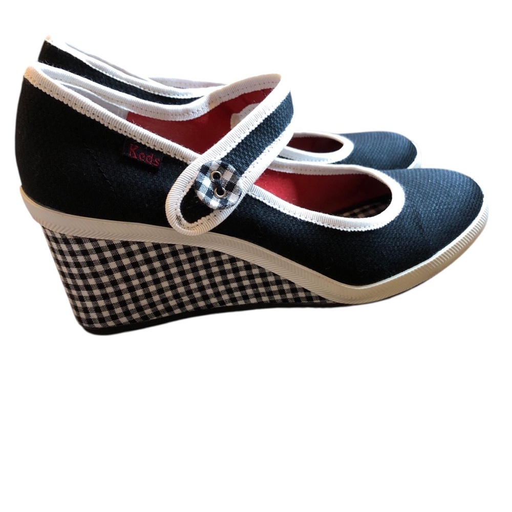 Gingham Black White Retro Wedge Mary Jane Heels Size 7 Keds Comfort Garden Party